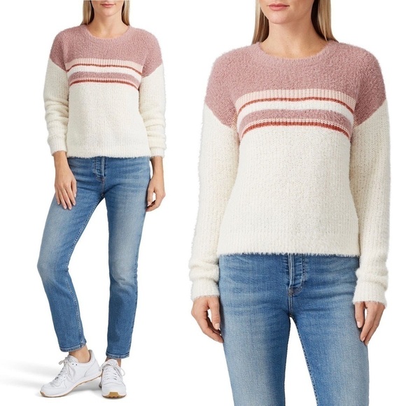 LOUNA Sweater Fuzzy Eyelash Ribbed Knit Colorblock Striped Crew Neck Pullover L - Picture 4 of 9